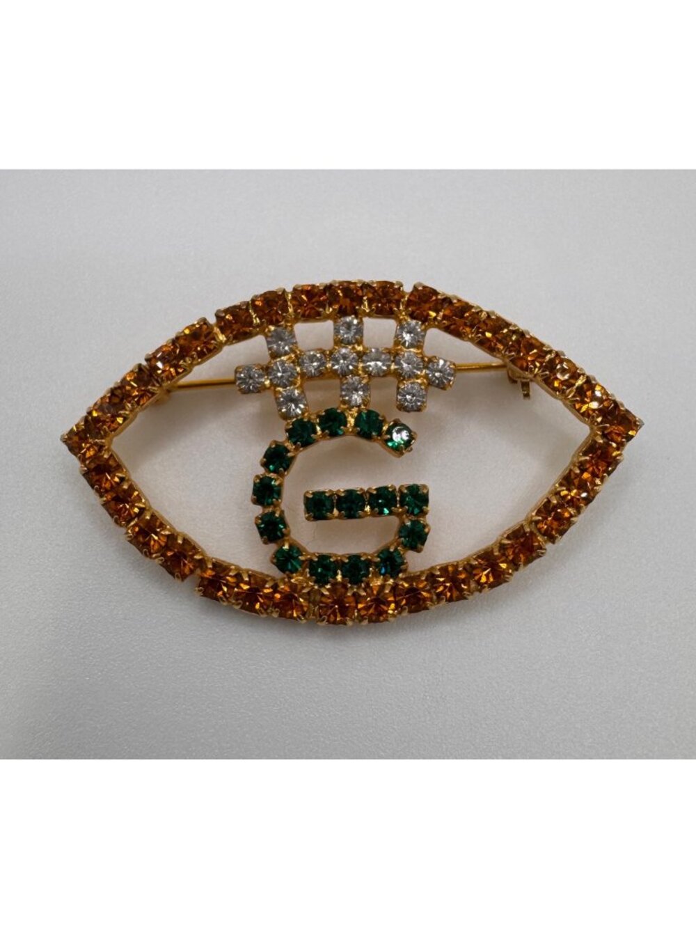 Vintage Green Bay Packers Rhinestone Football Brooch Gold Tone Unsigned
